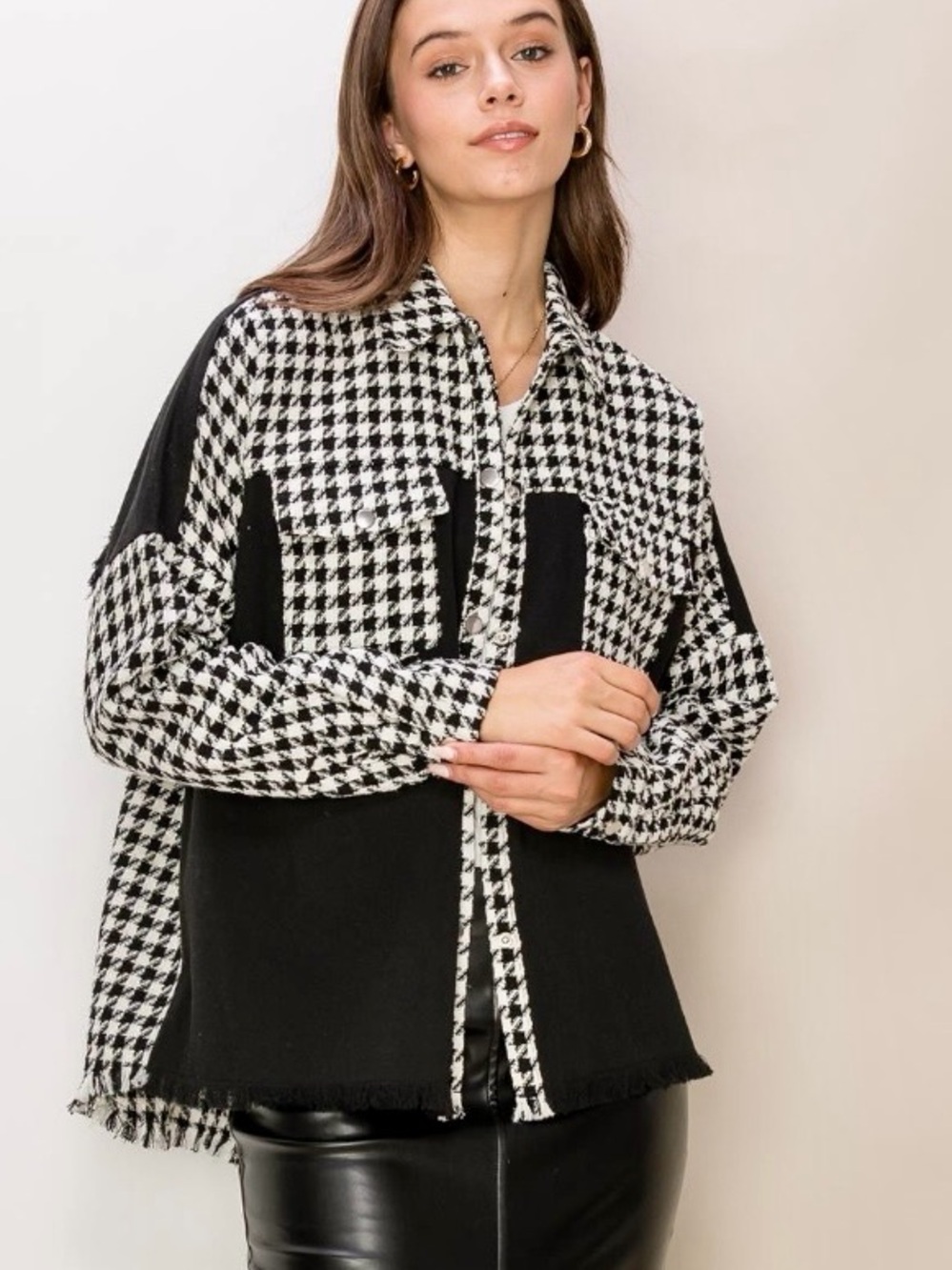 ♥️ Houndstooth Contrast Cotton Raw Hem Jacket Shacket